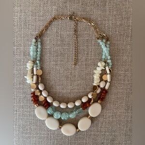 Chunky 3-Strand Statement Necklace Cream/Brown/Aqua Beads Goldtone Chain